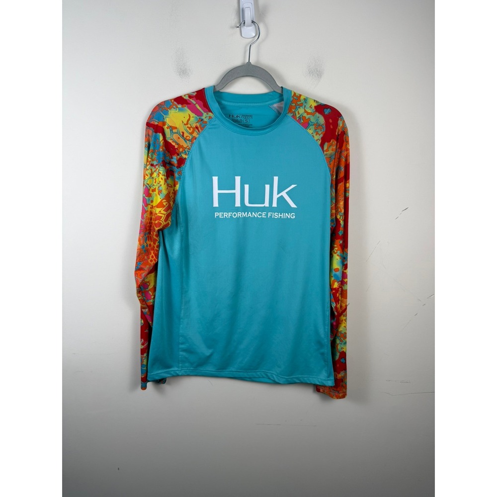 Huk Performance Fishing Shirt Mens Small Blue Kryptek Obskura Camo Long Sleeve